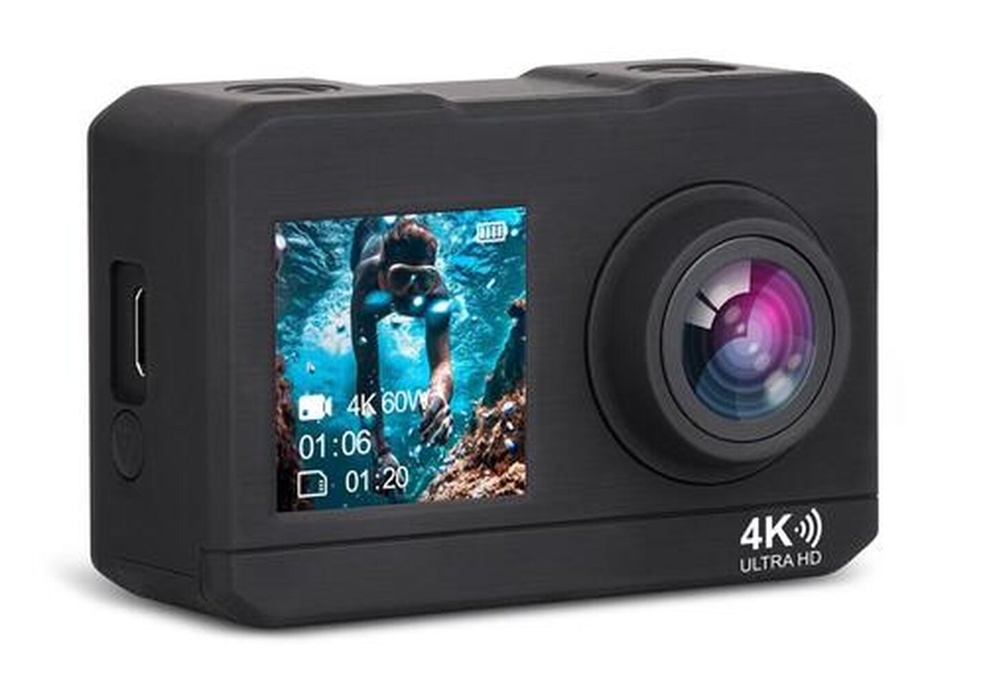 Экшн-камера Aceline DualScreen 4K черный + доп. аккумулятор