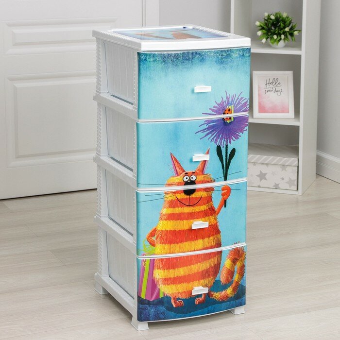 фото Комод детский 4-х секционный Росспласт «Декор. Кот», 38х95см, цвет белый