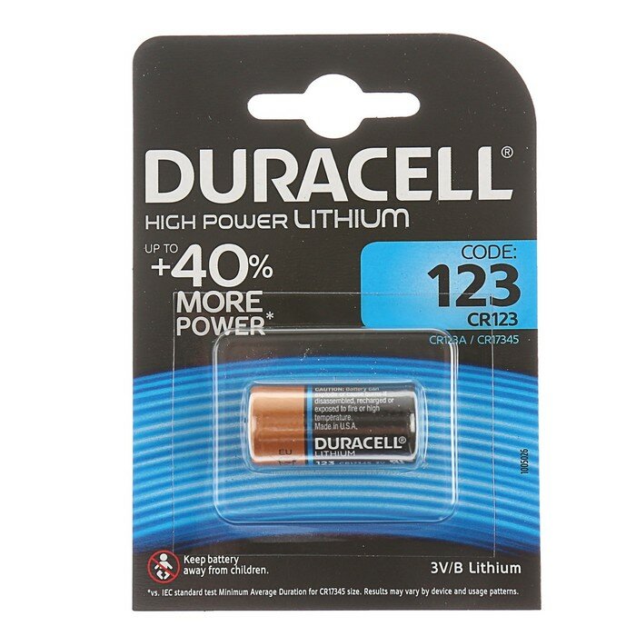 Батарейки Duracell Батарейка литиевая Duracell, CR123 (CR123A, CR17345)-1BL, для фото, 3В, блистер, 1шт.