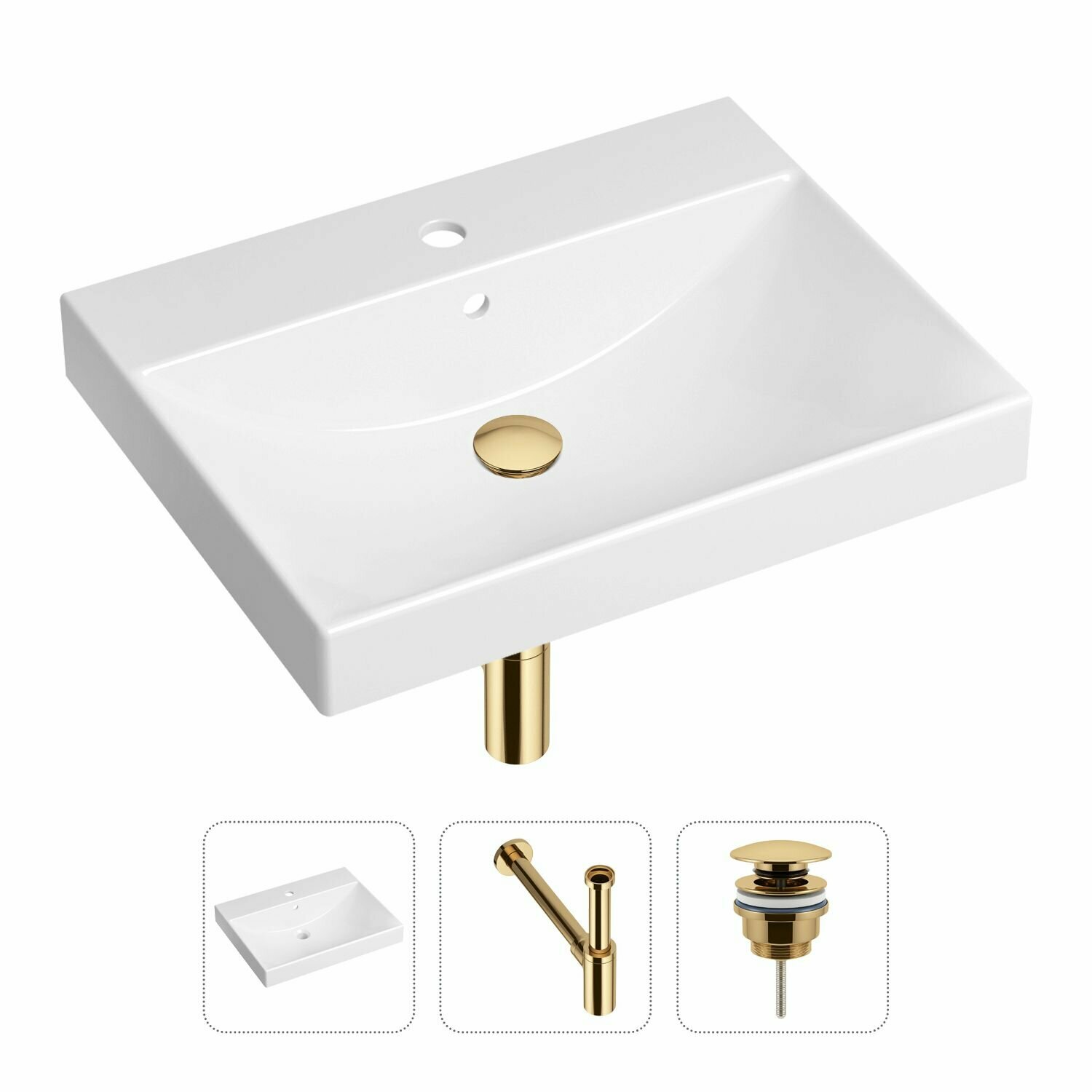 Врезная раковина в ванную Lavinia Boho Bathroom Sink 21520551 в комплекте 3 в 1: умывальник белый, донный клапан и сифон в цвете золото - фотография № 1