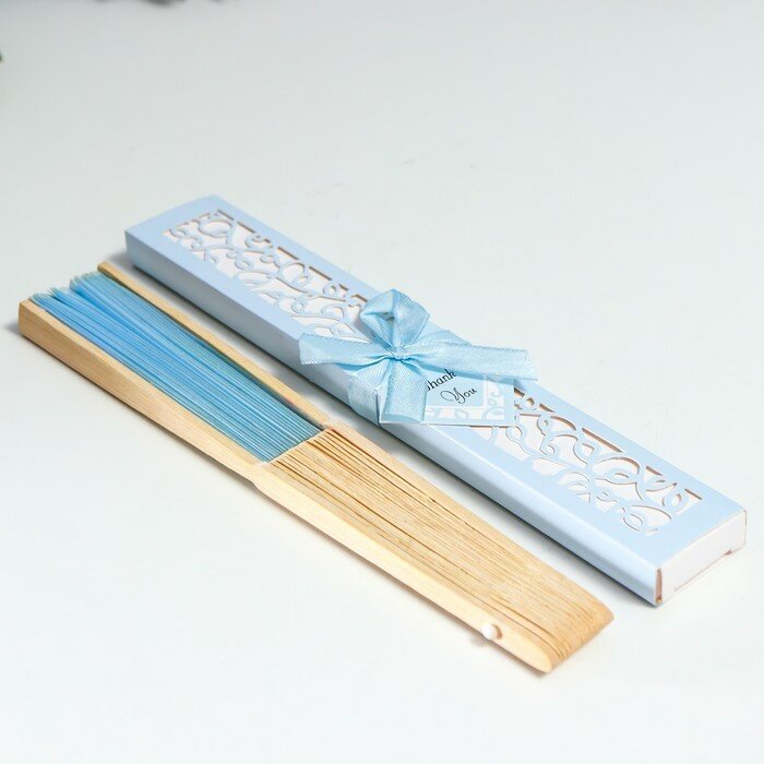 Веер бамбук, текстиль h=21 см "Моноцвет" в коробке, нежно голубой - фотография № 7