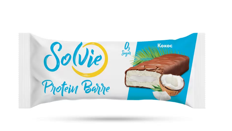 Батончик глазированный Solvie Protein Barre, со вкусом кокос и начинкой с высоким содержанием протеина, 50 гр