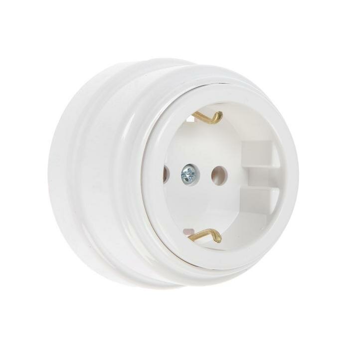 фото Розетка BYLECTRICA Ретро РА16-0202, 16А, одномест., наруж., с з/к, без крышки, IP20, белая