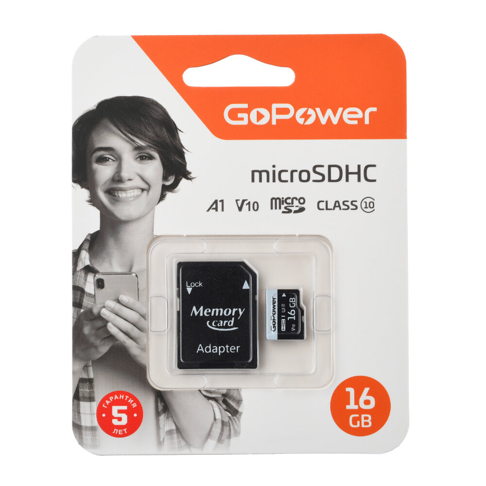 GoPower 16GB Class10 60 МБ/сек V10 с адаптером Карта памяти microSD GoPower 16GB Class10 60 МБ/сек V10 с адаптером 00-00025674