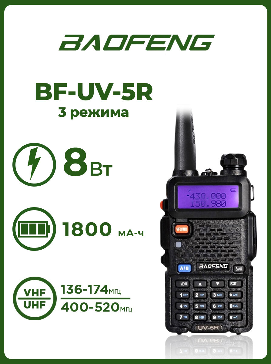 Радиостанция Baofeng UV-5R (8W) 3 режима работы (2 шт. в комлекте) (Черный)