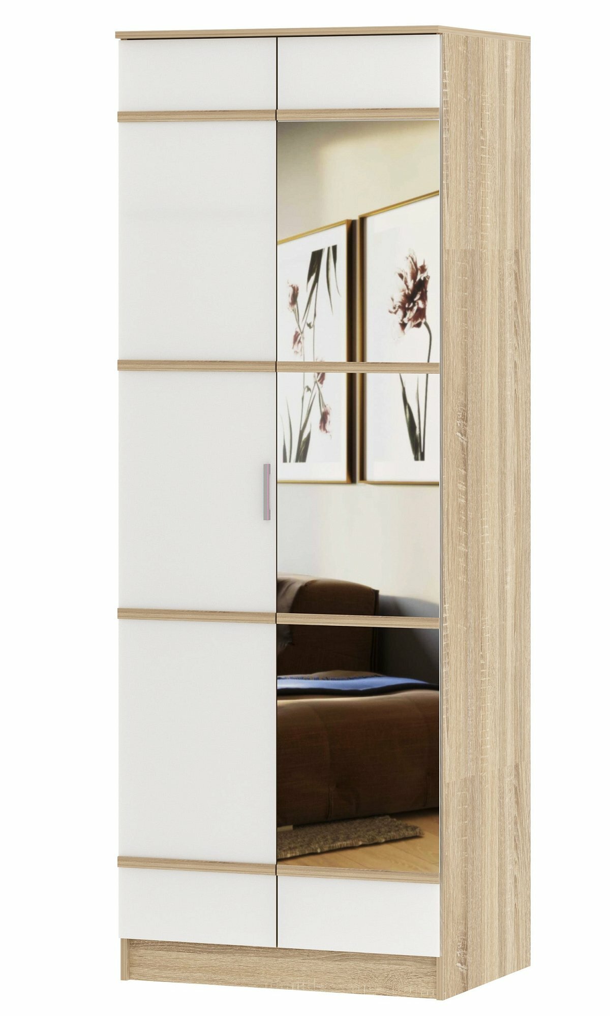Шкаф 2-дверный с зеркалом Сакура / Шкаф распашной с зеркалом / Шкаф для одежды с зеркалом(Дуб Сонома/Белый глянец), полки - фотография № 1