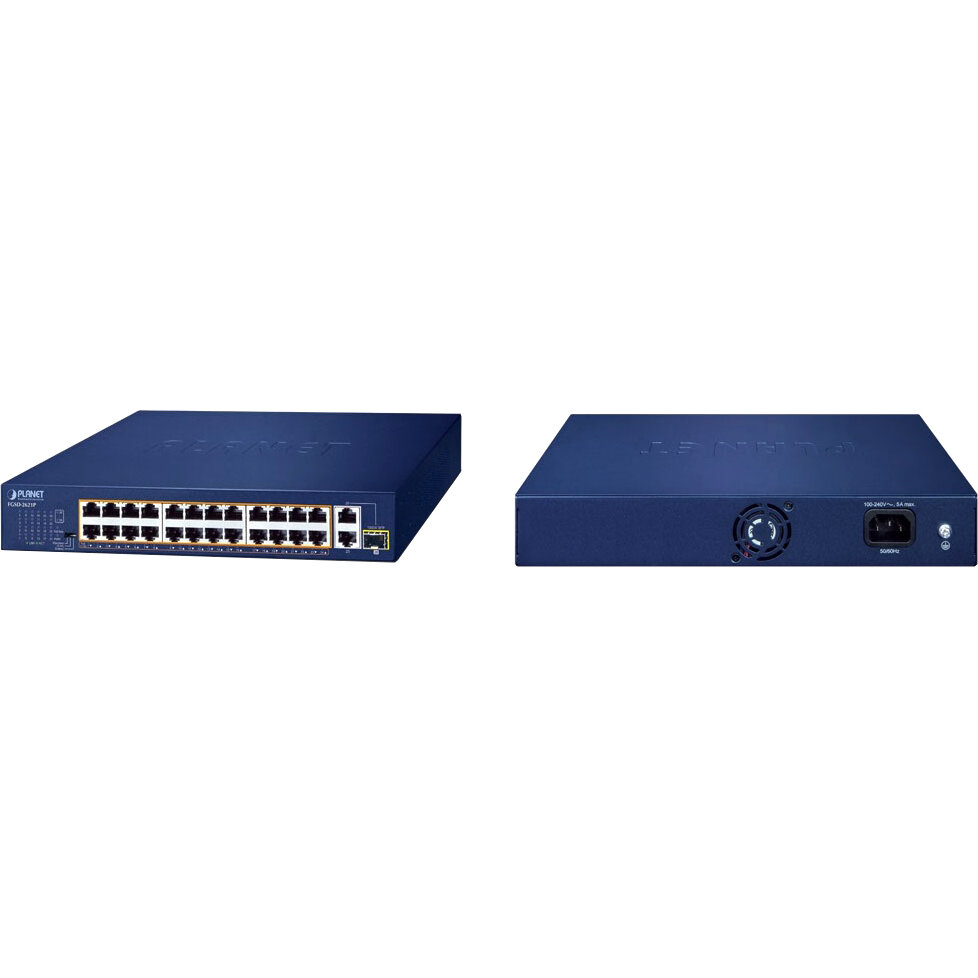 Planet коммутатор/ PLANET 24-Port 10/100TX 802.3at PoE + 2-Port 10/100/1000T + 1-Port shared 1000X SFP Unmanaged Gigabit Ethernet Switch (185W PoE Budget, Standard/VLAN/Extend mode, supports PD alive check, desktop size with rackmount kit)