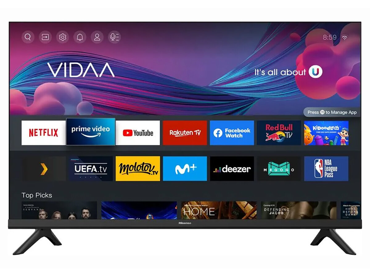 Телевизор Hisense 43” DLED, UHD, Smart TV (VIDAA), Звук (16 Вт (2x8 Вт)), 3xHDMI, 2xUSB, 1xRJ-45, Черный, 43A6BG