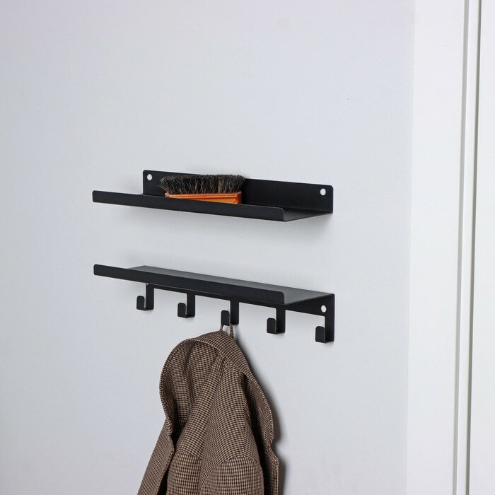 Набор полок с крючками лофт, 2 полки: 350×100×35 мм, 350×100×80 мм, цвет черный - фотография № 1