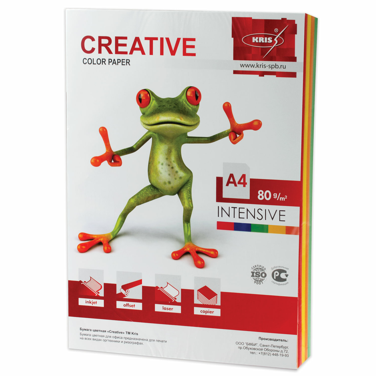 Бумага цветная формат А4 CREATIVE color (Креатив) А4, 80 г/м2, 100 л, (5 цветов х 20 листов), интенсив, БИpr-100r, 1 пачка