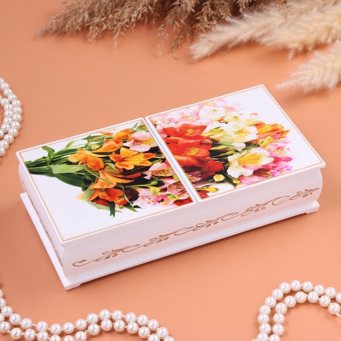 фото Шкатулка "Ирисы", белая, 20,6 х 10,2 х 5 см, двойная, лаковая миниатюра