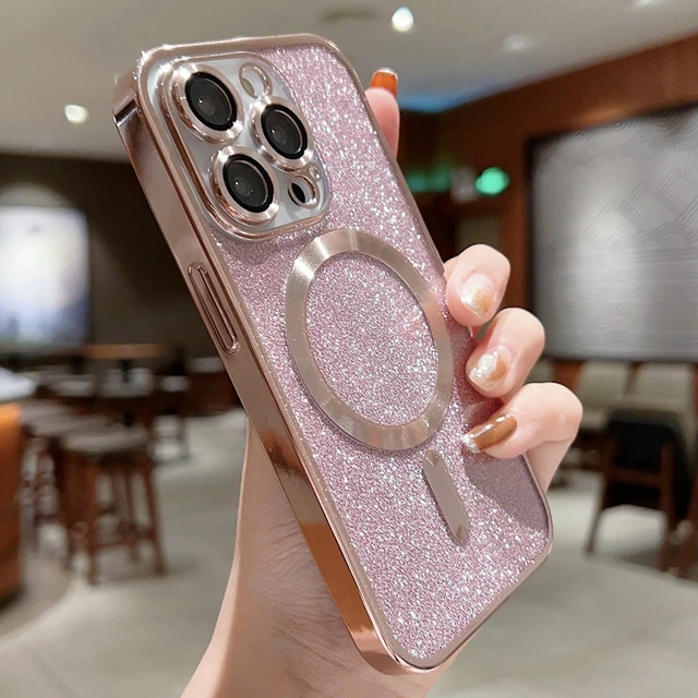 Чехол с блестками поддержка Magsafe и с защитой камеры для iPhone 14 Pro розовый