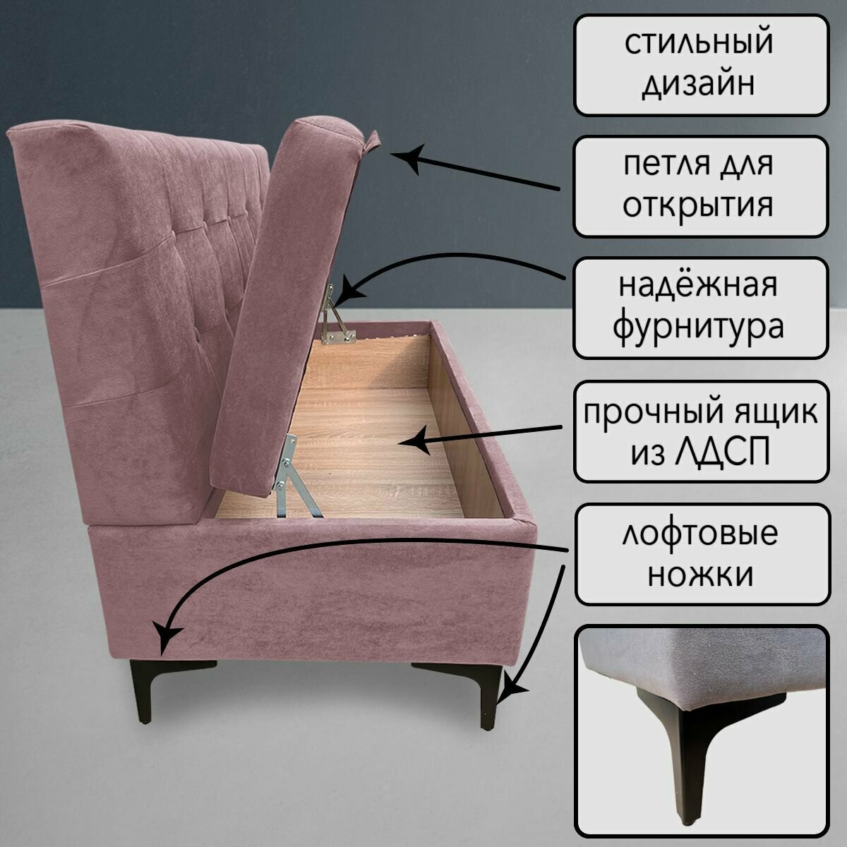 Кушетка диван "Сканди" с ящиком для хранения/Велюр/розовый 100x59x85 - фотография № 2