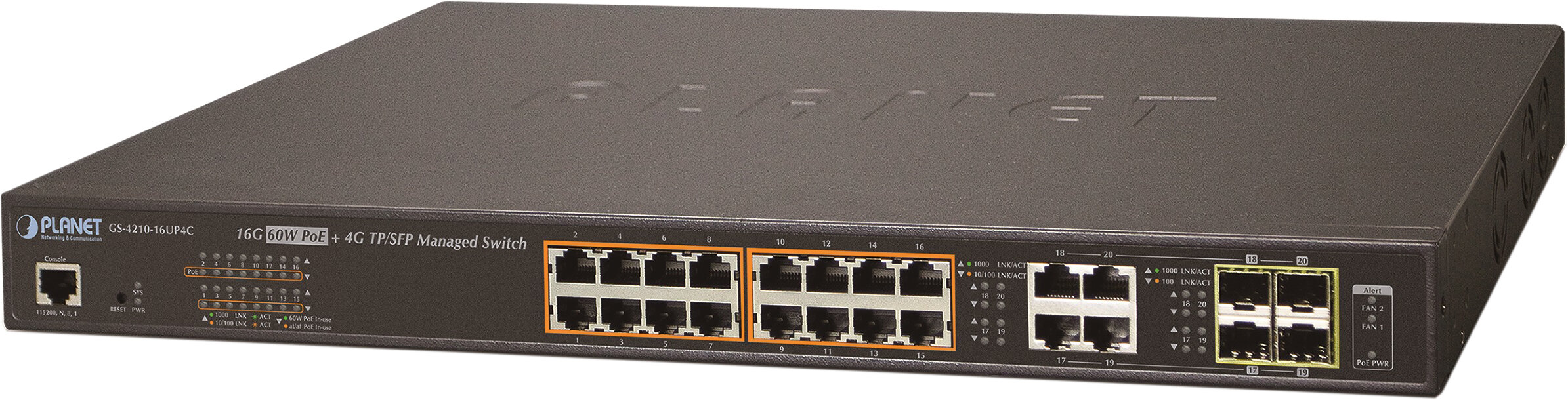 Planet коммутатор/ PLANET IPv6/IPv4, 16-Port Managed 60W Ultra PoE Gigabit Ethernet Switch + 4-Port Gigabit Combo TP/SFP (400W PoE budget, SNMPv3, 802.1Q VLAN, IGMP Snooping, SSL, SSH, ACL)