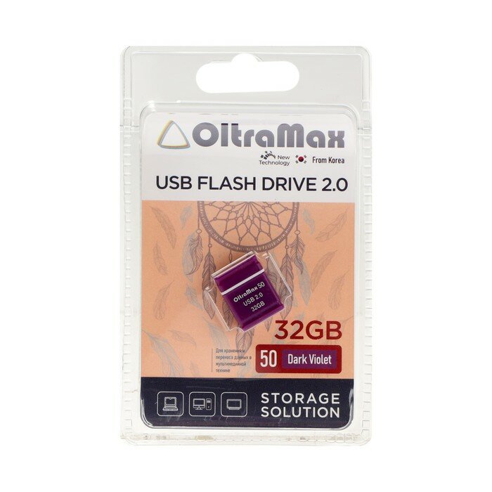 Флешки Без бренда Флешка OltraMax 50, 32 Гб, USB2.0, чт до 15 Мб/с, зап до 8 Мб/с, фиолетовая