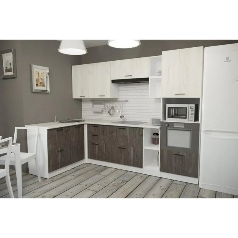 Кухонный угловой гарнитур Сиена мега прайм 2700х1500 Белый/Сосна/Дуб грей бетон темный