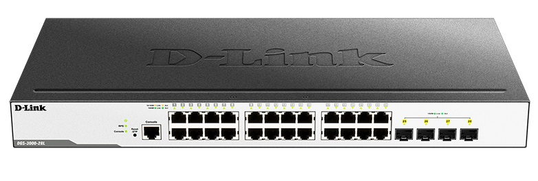 D-Link Managed L2 Switch 24x1000Base-T, 4x1000Base-X SFP, Surge 6KV, CLI, RJ45 Console, RPS, Dying Gasp