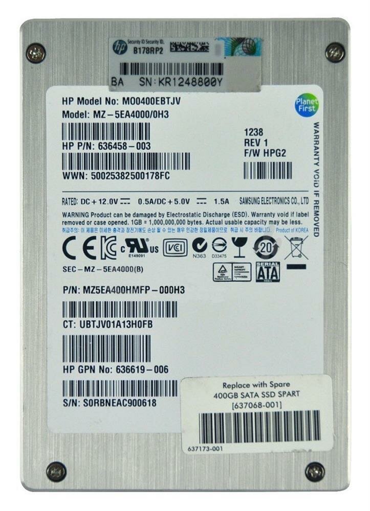   HP   HP 400GB 3G SATA MLC SFF 2.5" N SSD 636619-006