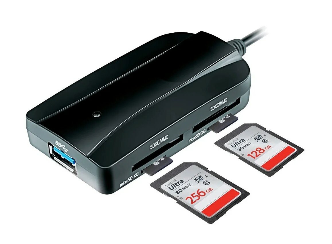 Кардридер Ginzzu GR-317UB, SDx2, MicroSDx2, USB 3.0, черный