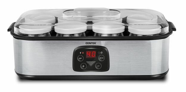 CENTEK 4680353016420 Йогуртница CENTEK CT-1443 Мощность 30 Вт. Контроль температуры 20-60 °C. Таймер. Электронное управление. 8 баночекпо 200 мл. Вы можете приготовить Йогурт, сметану, ряженку, кефир, мацони, протоквашу. ) (EAN:4680353016420