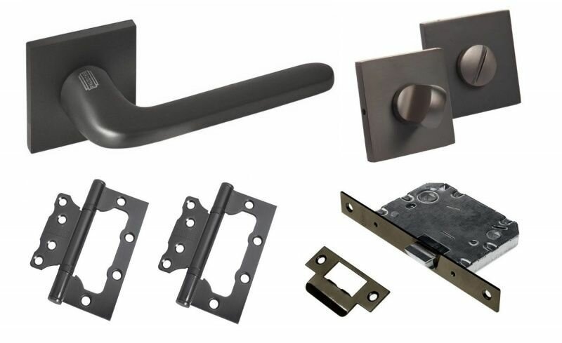 фото Комплект ручек для дверей Palidore A-521_graphit_WC, графит (ручка + замок WC + 2 петли без врезки + завертка)