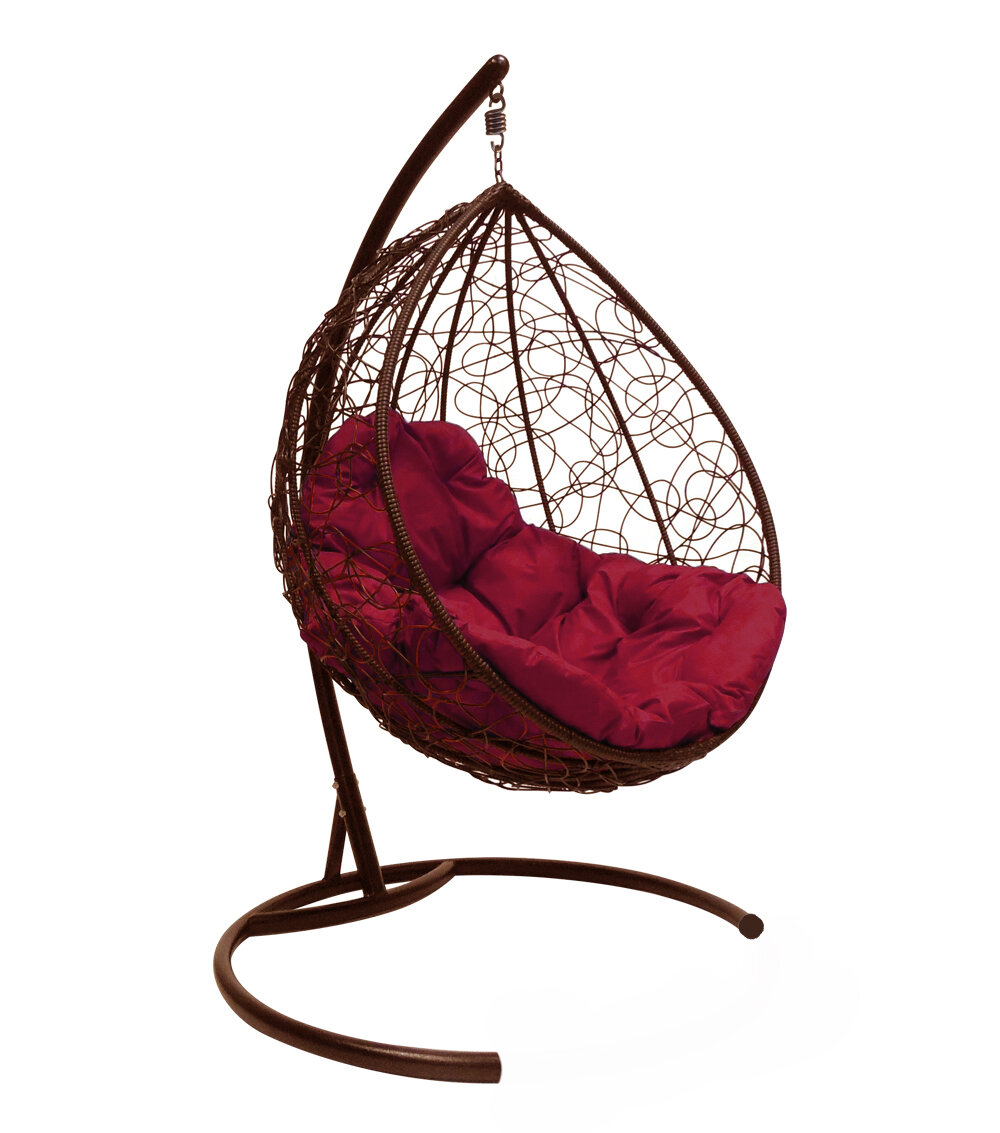 Подвесное кресло M-group капля с ротангом коричневое бордовая подушка
