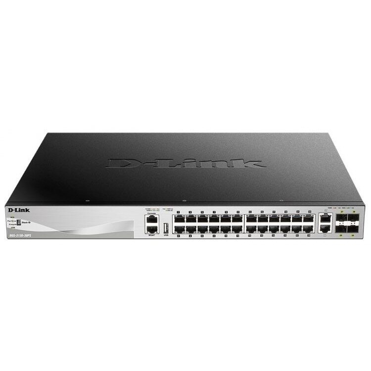 D-Link Коммутатор D-Link DGS-3130-30PS/B1A PROJ Управляемый L3 стекируемый с 24 портами 10/100/1000Base-T, 2 портами 10GBase-T и 4 портами 10GBase-X SFP+ (24 порта PoE 802.3af/at, PoE-бюджет 370 Вт)