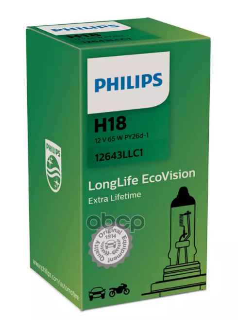 Автолампа Philips 12643Llc1 H18 12V 65W Py26d-1 Longlife Ecovision (К1/10/10) Philips арт. 12643LLC1