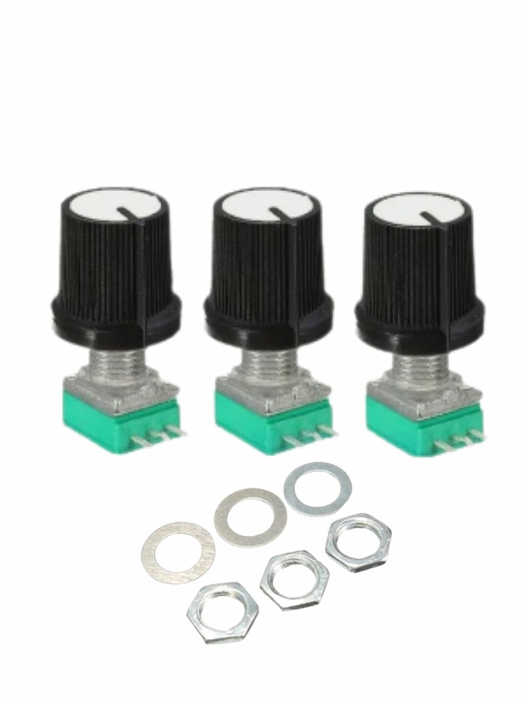 фото Переменный поворотный резистор (потенциометр) линейный 20 кОм, 3 штук (шайба + гайка в комплекте) (Ф)