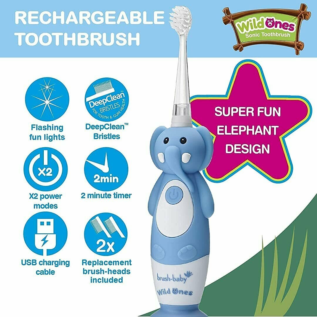 Brush-Baby WildOnes Детская электрическая аккумуляторная зубная щетка Elephant, 1 ручка, 3 насадки-щетки, USB-кабель для зарядки, для детей 0-10 лет (Elephant) - фотография № 2