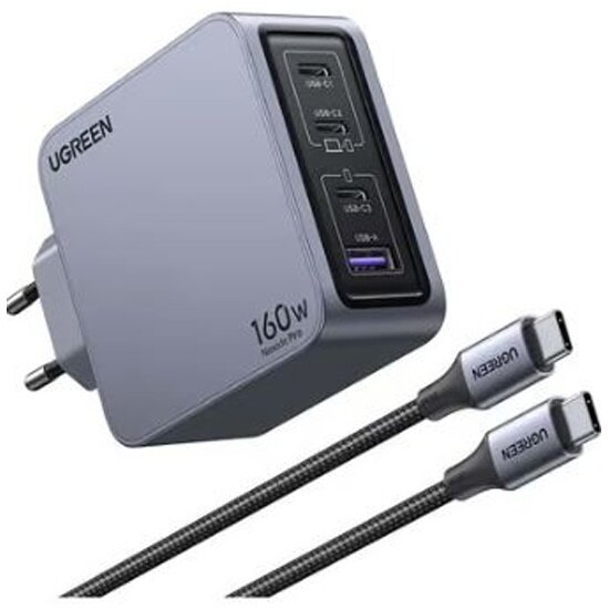 Сетевое зарядное устройство Ugreen X763 (25877) Nexode Pro 160 Вт, USB-A + 3xUSB-C GaN Tech Fast Charger EU с кабелем, 1 м, 100 Вт, серый