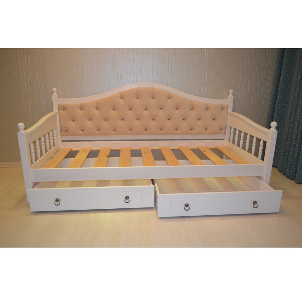 Детская кровать Фея-1 с мягкой спинкой деревянная с ящиками, 90х200, массив сосны