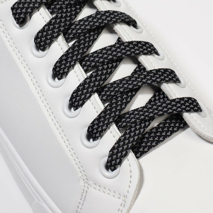 Шнурки для обуви, пара, плоские, со светоотражающим узором, 8 мм, 120 см, цвет чёрный - фотография № 2