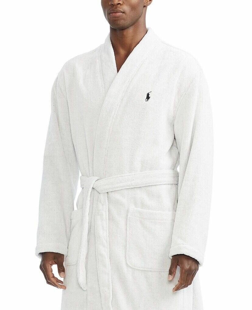 Халат Polo Ralph Lauren мужской S/M бело-серый с лого на спине - фотография № 3