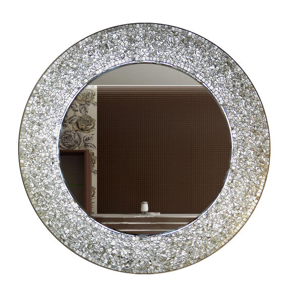Зеркало круглое в раме из серебряной мозаики "Белое Солнце/Венеция"