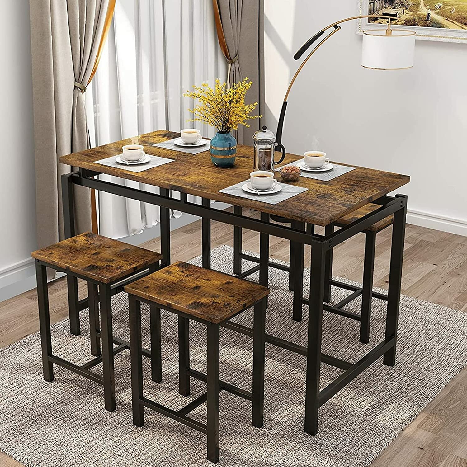 Комплект обеденной мебели стол и 4 стула в стиле Лофт коричневый - фотография № 1