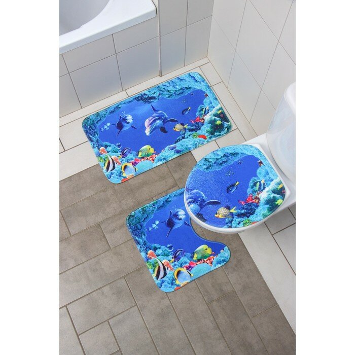 Доляна Набор ковриков для ванной и туалета Доляна «Дельфин», 3 шт: 35×39, 40×50, 45×75 см - фотография № 2
