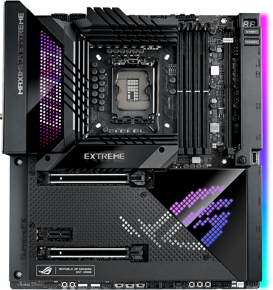 Материнская плата ASUS ROG MAXIMUS Z690 EXTREME Socket 1700, Intel Z690, 4xDDR5, 2xPCI-E 5.0, 2500 Мбит/с, 10000 Мбит/с, Wi-Fi, Bluetooth, 7xUSB 3.2 Gen2, USB 3.2 Gen2 Type-C, USB 3.2 Gen2x2 Type-C, HDMI, Thunderbolt 4/USB-C, подсветка, E-ATX