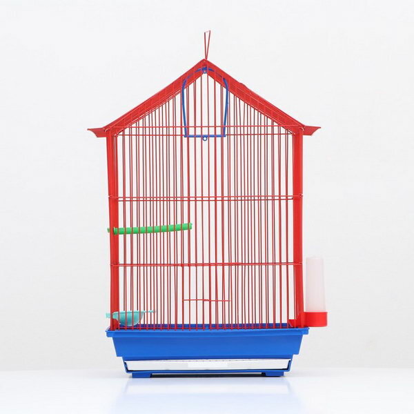 Клетка для птиц большая, крыша-домик (с наполнением), 35 x 28 x 55 см, синий - фотография № 3