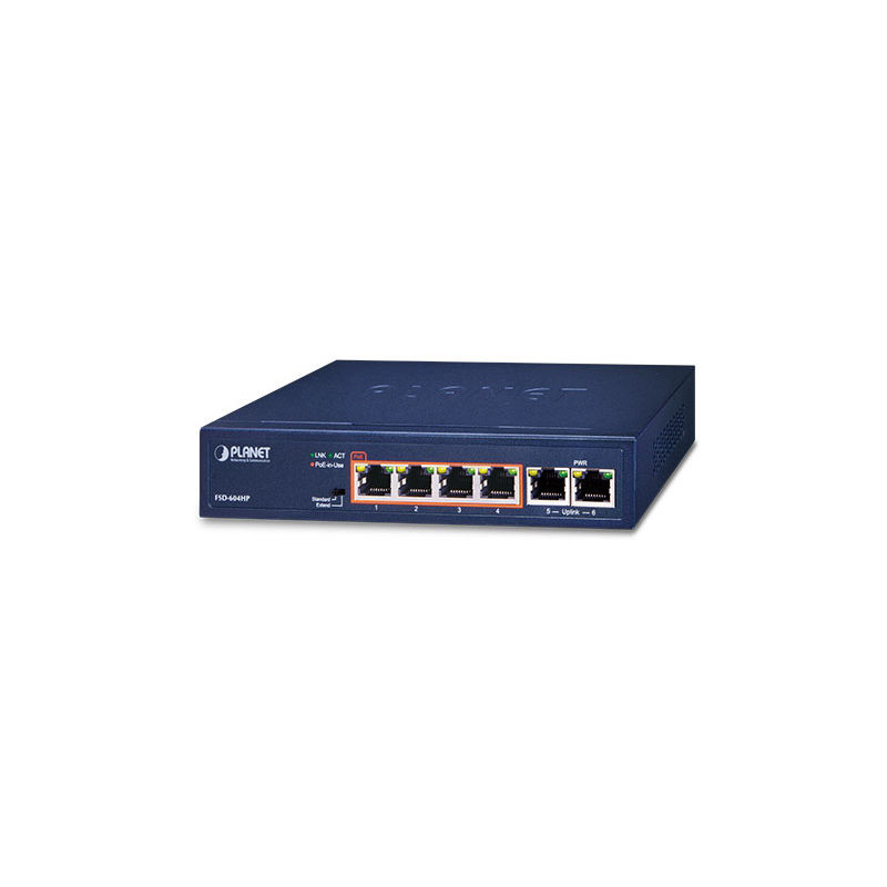 коммутатор/ PLANET 4-Port 10/100TX 802.3at POE + 2-Port 10/100TX Desktop Switch (60W POE Budget, 250m Extend mode, fanless, i