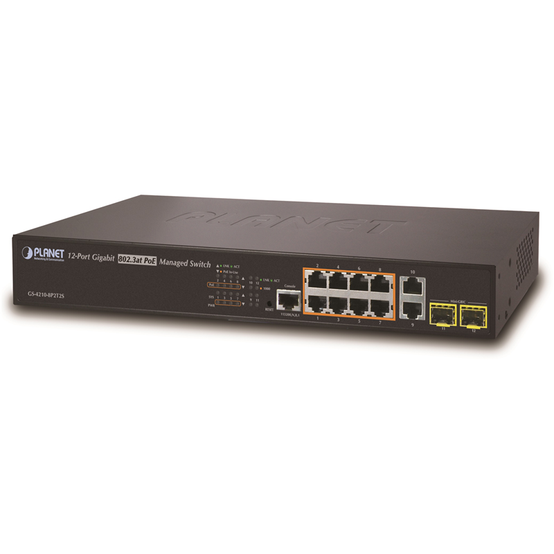 / PLANET IPv4/IPv6, 8-Port Managed 802.3at POE+ Gigabit Ethernet Switch + 2-Port 10/100/1000Mbps RJ45 + 2-Port 100