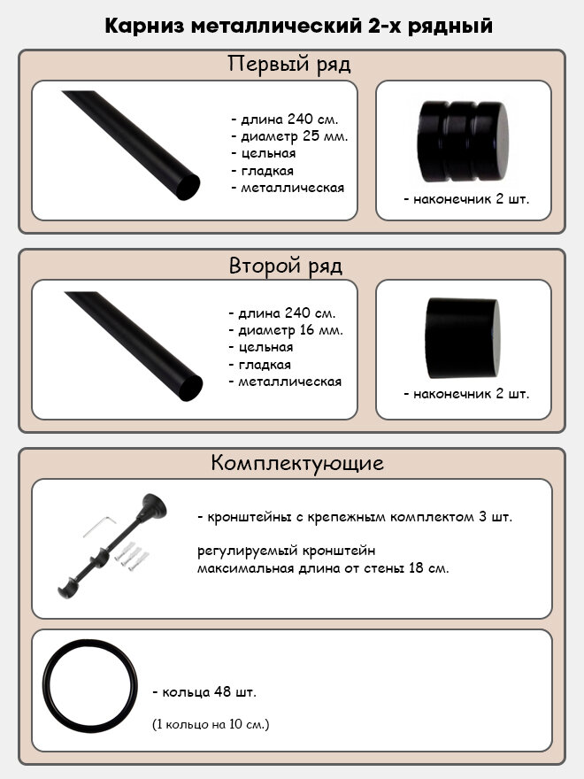 Карниз металлический Астория, 2-рядный, гладкий, D-25/16 мм., цвет Черный матовый, 2,4 м. - фотография № 2