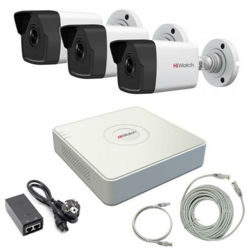 2MP Комплект IP видеонаблюдения Hiwatch на 3 камеры для любого помещения с PoE питанием регистратора (DS-I200(D) 28mm + DS-N204P(C))