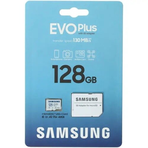 MicroSD 128GB SAMSUNG EVO PLUS microSDXC Class 10, UHS-I, (SD адаптер) 130MB/s MB-MC128KA/RU