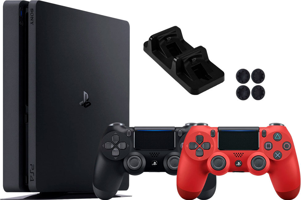 Sony PlayStation 4 Slim (1TB) (CUH-2208B) + 2-й геймпад (красный) + зарядная станция + накладки на стики