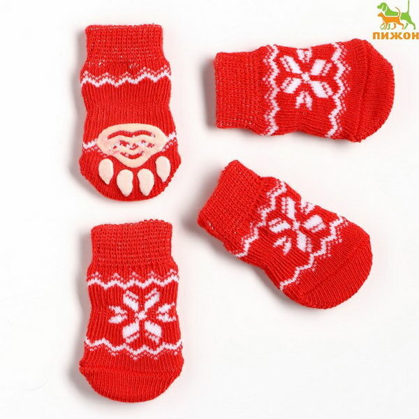 Носки нескользящие "Снежинка", размер L (3.5/5 * 8 см), набор 4 шт, красные - фотография № 1