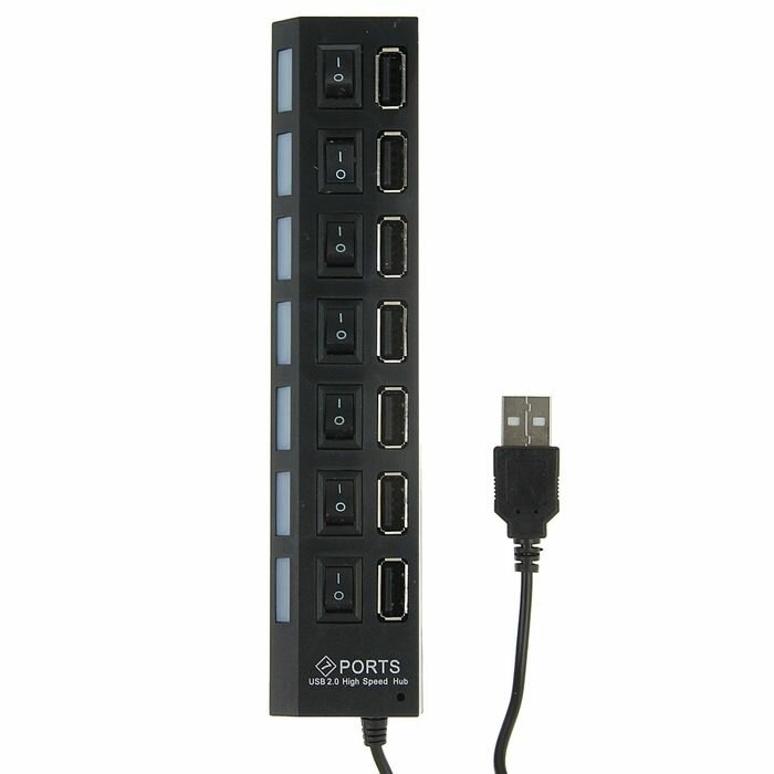 USB-разветвитель LuazON, 7 портов с выключателями, USB 2.0, черный (1шт.)