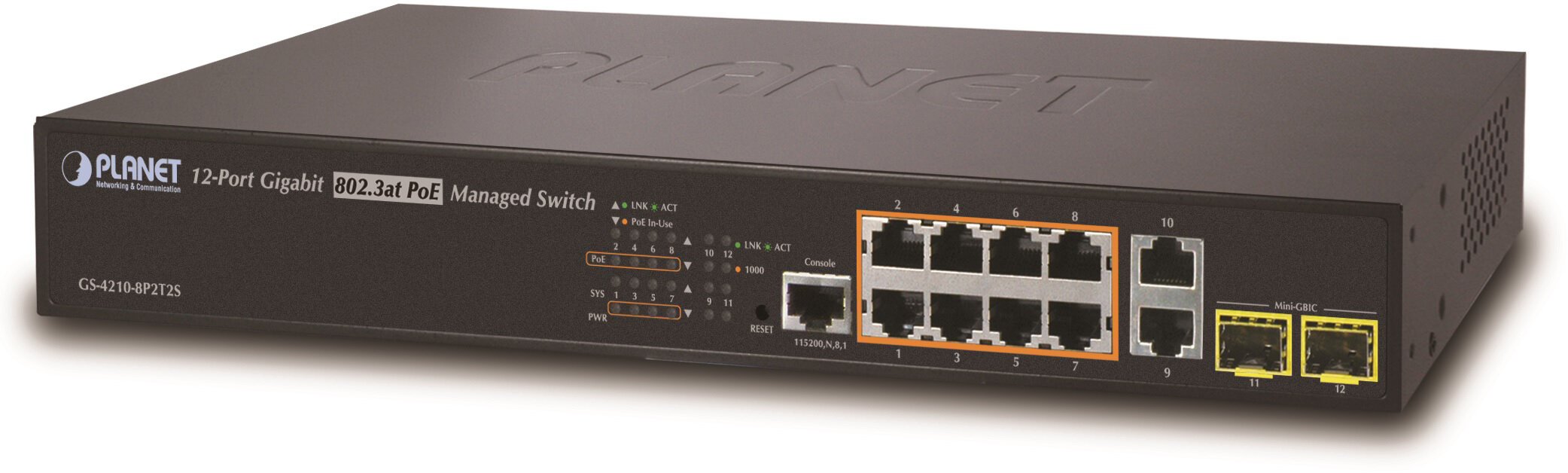коммутатор/ PLANET IPv4/IPv6, 8-Port Managed 802.3at POE+ Gigabit Ethernet Switch + 2-Port 10/100/1000Mbps RJ45 + 2-Port 100/1000X SFP (240W)