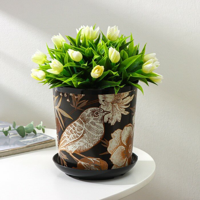 фото Горшок для цветов с поддоном Доляна "Голди.Птицы", 1,6 л, d 14 см, h 15,5 см, цвет чёрный
