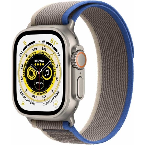 Смарт-часы APPLE Watch Ultra GPS + Cellular, 49 мм, корпус из титана, ремешок Trail S/M синего/серого цвета